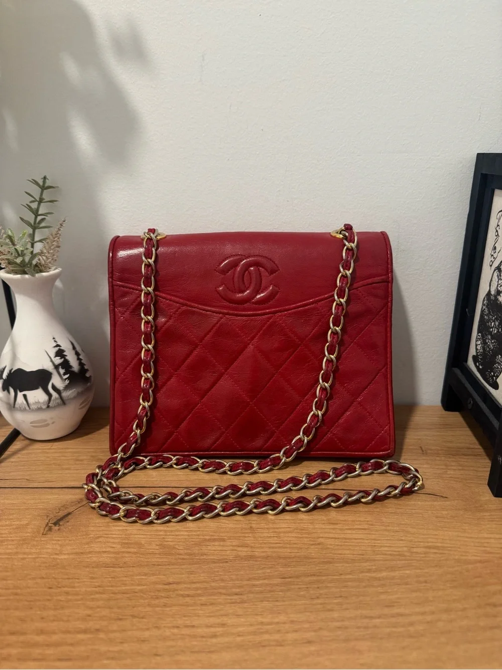 VINTAGE Chanel Red Lambskin Quilted Coco Mark Shoulder Bag - AS IS
